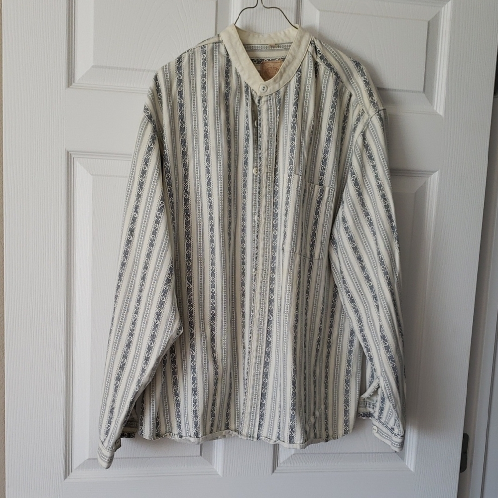 Casual Striped Button-Down Shirt - Cream and Blue